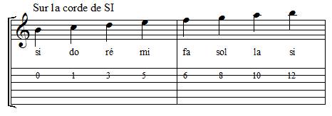 Positions des notes sur la corde de si